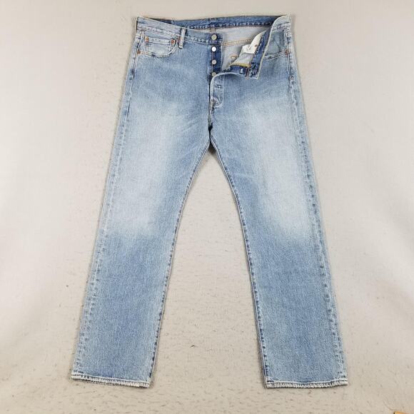 Levis 501 Jeans Mens 36x32 Blue Denim Straight Leg Button Fly Distressed 501 - Picture 1 of 16